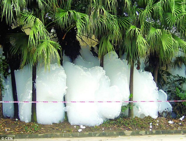 Wall of foam: The suds are thought to have been caused by a chemical spillage in Xintang in China's Guangdong province